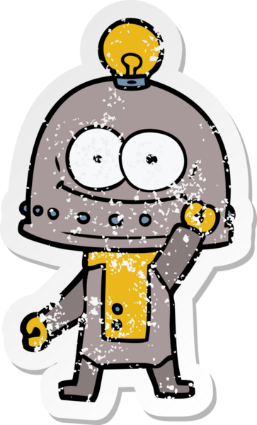 Bir insan tarafından çizilmiş ampullü mutlu bir robot çıkartması.