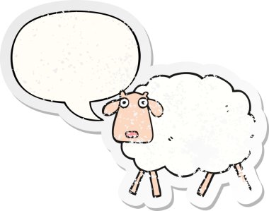 Bir insan tarafından çizilmiş, kederli, karikatür koyunu konuşma baloncuğu.