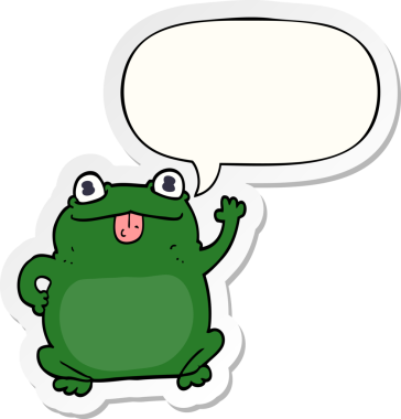 Bir insan tarafından çizilmiş konuşma balonu çıkartmalı karikatür kurbağası.