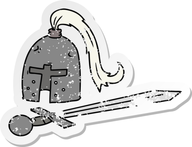 Ortaçağ miğferi ve kılıcının insan eliyle çizilmiş karikatür karikatürü.