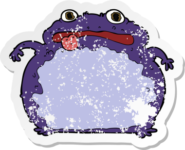 Bir insan tarafından çizilmiş komik bir kurbağanın gerilmiş çıkartması.