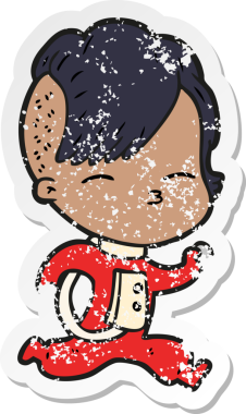 distressed sticker of a cartoon girl in space suit drawn by a human