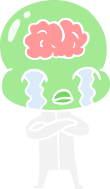 Düz renkli çizgi film. Bir insan tarafından çizilmiş büyük beyinli uzaylı ağlaması.