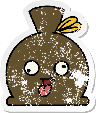 Bir insan tarafından çizilmiş şirin bir karikatür çuvalının sıkıntılı çıkartması.