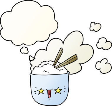 cute cartoon hot rice bowl with thought bubble in smooth gradient style drawn by a human