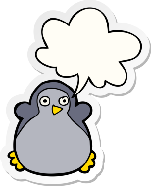 Bir insan tarafından çizilmiş konuşma balonu çıkartmalı penguen çizgi filmi.