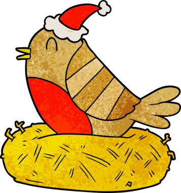 hand drawn textured cartoon of a bird sitting on nest wearing santa hat drawn by a human