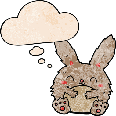 Bir insan tarafından çizilmiş grunge desenli düşünce baloncuklu şirin çizgi film tavşanı.