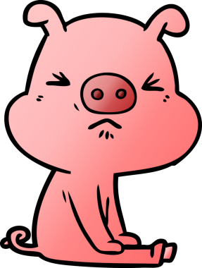 Bir insan tarafından çizilmiş kızgın bir domuz oturmuş bekliyor.