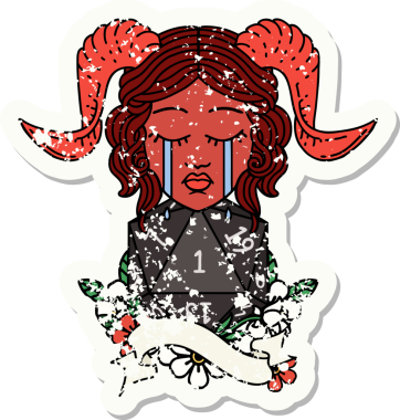 Bir insan tarafından çizilmiş doğal bir D20 rulo ile bağlanmış ağlama etiketi.