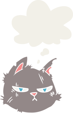 cartoon tough cat face with thought bubble in retro style drawn by a human