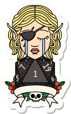 Ağlayan bir elf haydut karakterinin çıkartması. Bir insan tarafından çizilmiş doğal bir D20 rulosu.