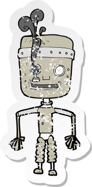 retro distressed sticker of a cartoon malfunctioning robot drawn by a human