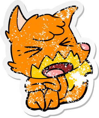 distressed sticker of a angry cartoon fox sitting on floor drawn by a human