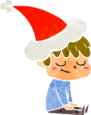 Bir insan tarafından çizilmiş Noel Baba şapkası giyen mutlu bir çocuğun el çizimi karikatürü.