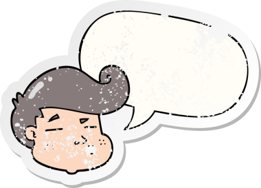 Çizgi filmci çocuğun yüzü, bir insan tarafından çizilmiş sıkıntılı, eski bir çıkartma.