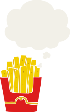 Düşünce baloncuğu olan çizgi film kızartmaları insan tarafından çizilmiş.