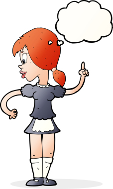 Bir insan tarafından çizilmiş düşünce balonuyla sipariş veren çizgi film garsonu.