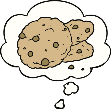 cartoon cookies with thought bubble drawn by a human