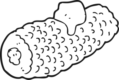 Bir insan tarafından çizilmiş tereyağlı koçandaki siyah beyaz mısırlar.