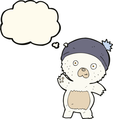 Bir insan tarafından çizilmiş düşünce baloncuklu şirin kutup ayısı.