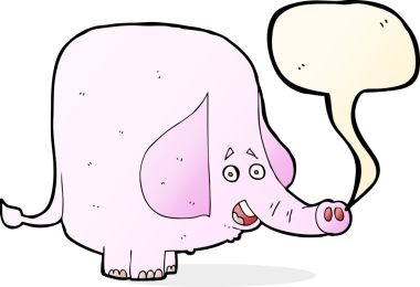 cartoon pink elephant with speech bubble drawn by a human