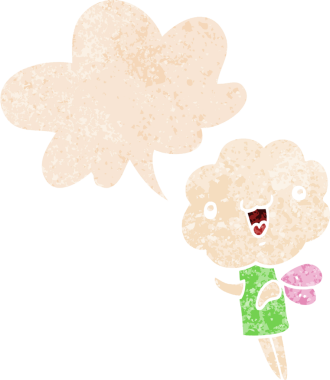 Bir insan tarafından çizilmiş grunge sıkıntılı retro tarzı ile konuşma balonu ile sevimli çizgi film başlıklı yaratık