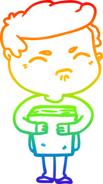rainbow gradient line drawing of a cartoon annoyed man with book drawn by a human