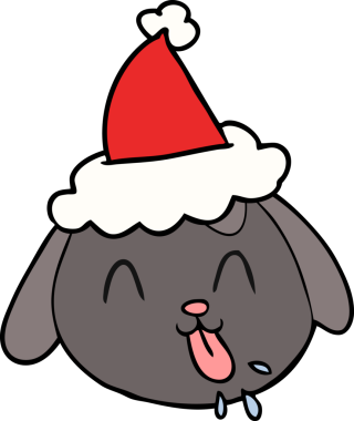 Bir insan tarafından çizilmiş Noel Baba şapkası takan bir köpek yüzü çizilmiş.