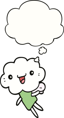 cartoon cloud head creature with thought bubble drawn by a human