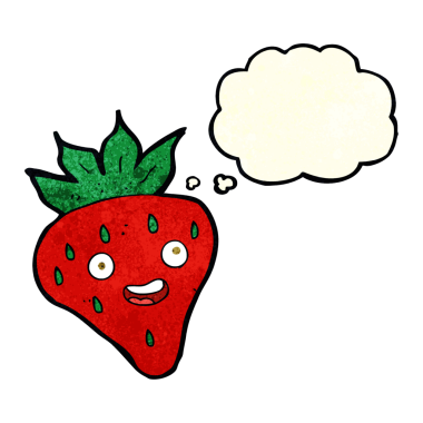 Bir insan tarafından çizilmiş düşünce baloncuklu mutlu çilek çizgi filmi.