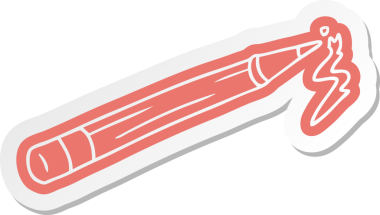 Bir insan tarafından çizilmiş renkli bir kalemin çizgi film etiketi.