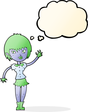 Bir insan tarafından çizilmiş düşünce balonlu vampir kız.