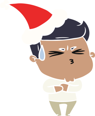 Bir insan tarafından çizilmiş Noel Baba şapkası giymiş hayal kırıklığına uğramış bir adamın el çizimi düz renk çizimi.