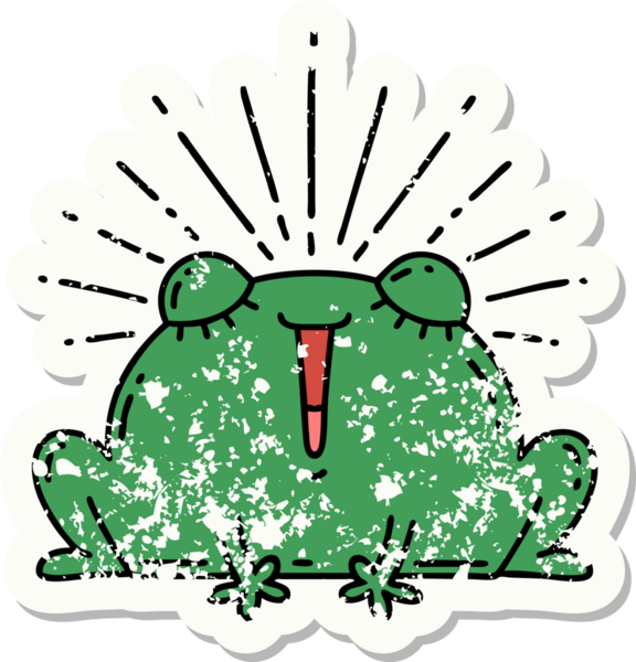 Dövme stili eski bir çıkartma. Bir insan tarafından çizilmiş mutlu kurbağa.