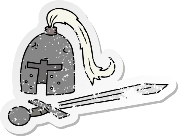 Ortaçağ miğferi ve kılıcının insan eliyle çizilmiş karikatür karikatürü.