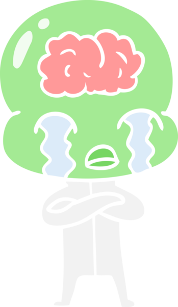 Düz renkli çizgi film. Bir insan tarafından çizilmiş büyük beyinli uzaylı ağlaması.