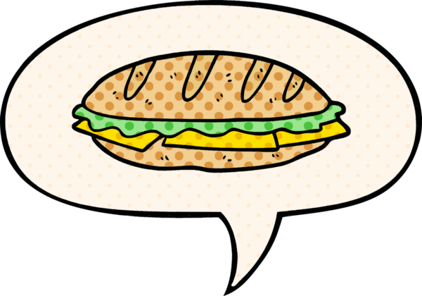 cartoon chesse sandwich with speech bubble in comic book style drawn by a human