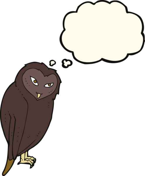 Bir insan tarafından çizilmiş düşünce baloncuklu çizgi film baykuşu