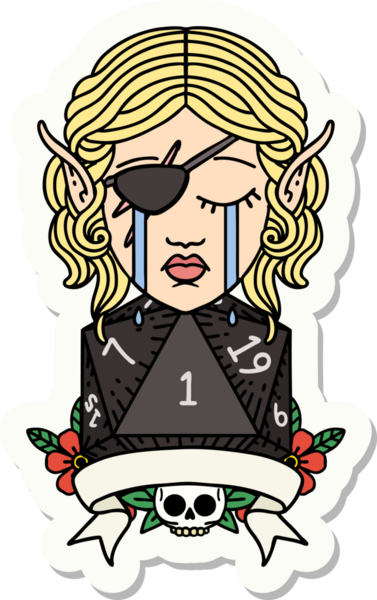 Ağlayan bir elf haydut karakterinin çıkartması. Bir insan tarafından çizilmiş doğal bir D20 rulosu.