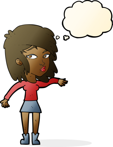 Bir insan tarafından çizilen düşünce baloncuğuyla serinkanlı davranan çizgi film kadını.