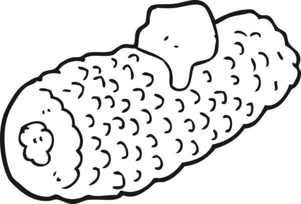 Bir insan tarafından çizilmiş tereyağlı koçandaki siyah beyaz mısırlar.