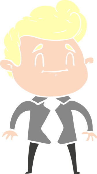 happy flat color style cartoon man in office clothes drawn by a human