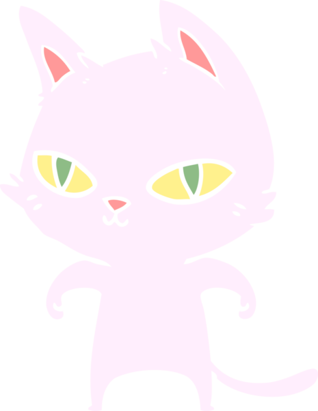 Bir insan tarafından çizilmiş parlak gözlü düz renkli çizgi film kedisi.