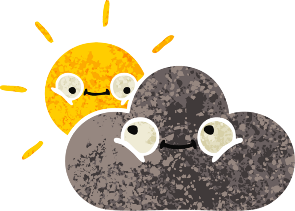 Bir insan tarafından çizilmiş fırtına bulutu ve güneşin retro çizim tarzı karikatürü.