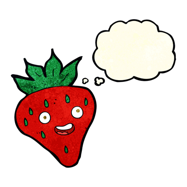 Bir insan tarafından çizilmiş düşünce baloncuklu mutlu çilek çizgi filmi.