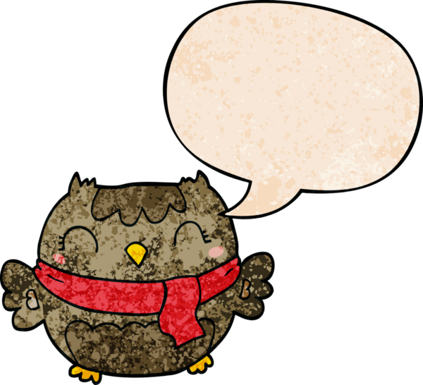 Bir insan tarafından çizilmiş geçmişe dönük konuşma baloncuğu olan sevimli çizgi film baykuşu.