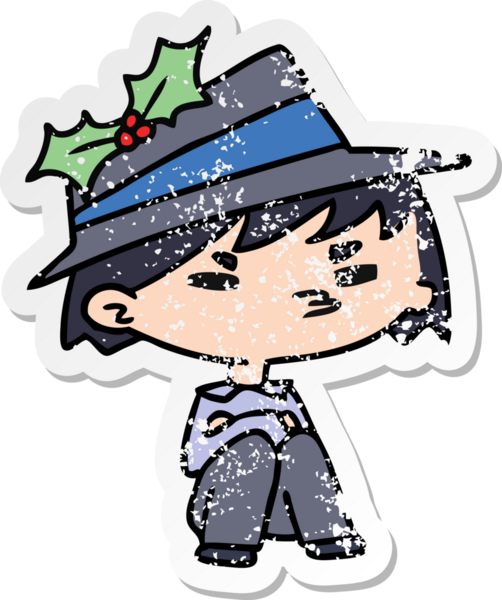 Bir insan tarafından çizilmiş Kawai çocuğunun, sıkıntılı yılbaşı çıkartması.