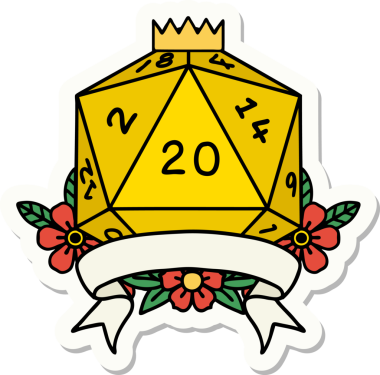 Bir insan tarafından çizilmiş 20 kritik vuruşluk D20 zar etiketi.