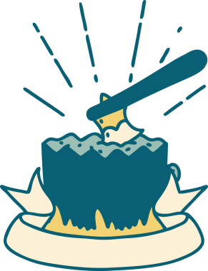 Bir insan tarafından çizilmiş ağaç kütüğünde dövme stili baltası olan kaydırma pankartı